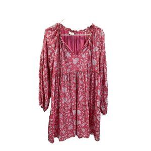 J. Marie dress balloon long sleeves Pink floral Ruffles, tiered, Peasant BOHO LG